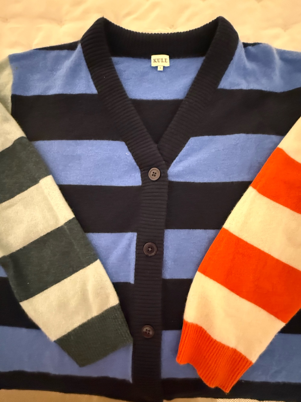 KULE Women’s Striped V-Neck Cardigan Sweater in Blue and Navy